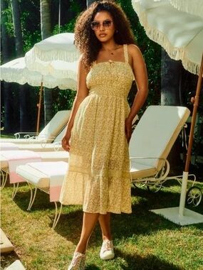 Celebrity Pink Yellow Floral Smocked Midi Dress Cottagecore Sundress Size L